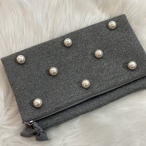 Stella & Dot Madison Foldover Zip Closure Clutch Gray Neoprene + Pearls NWT